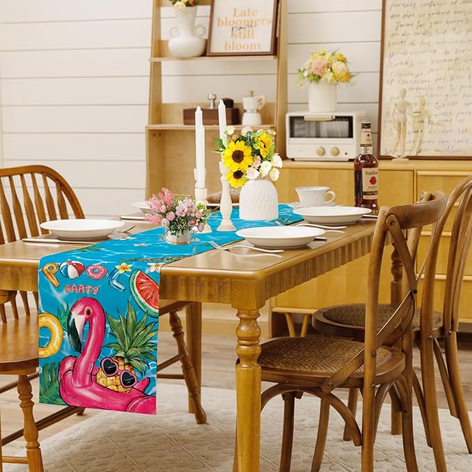 Summer Pool Flamingo Table Runner Spring Fun Float Party Burlap Table Runners - Image 2