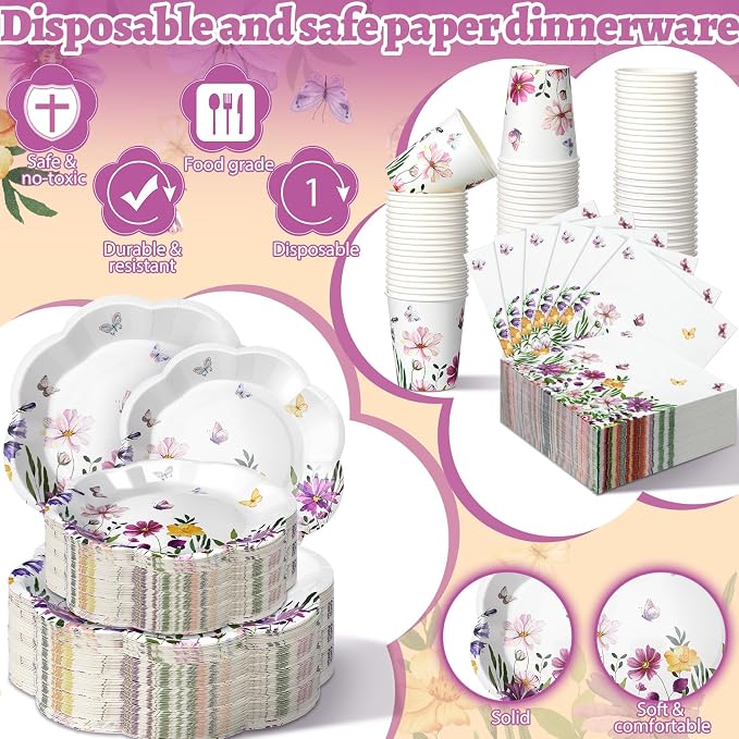 250 Pcs Wildflower Disposable Paper Plate Napkins | Disposable Paper Pink - Image 2