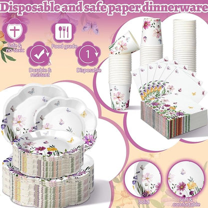 250 Pcs Wildflower Disposable Paper Plate Napkins | Disposable Paper Pink - Image 2
