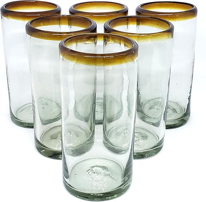 Amber Rim 20 oz Tall Iced Tea Glasses (set of 6) Mexican Handmade Glassware, Recycled Glass, Lead-free, Toxin-Free (Tall Iced Tea)