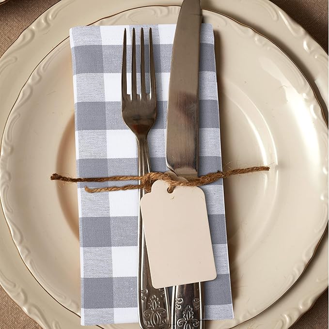 Urban Villa Cotton Dinner Napkins Set of 12, Highly Absorbent Soft Premium Cloth Napkins 20x20 Inches, Hotel Quality Reusable & Washable Table Dinner Napkins for Home - (Grey/White, Buffalo Checkerd)