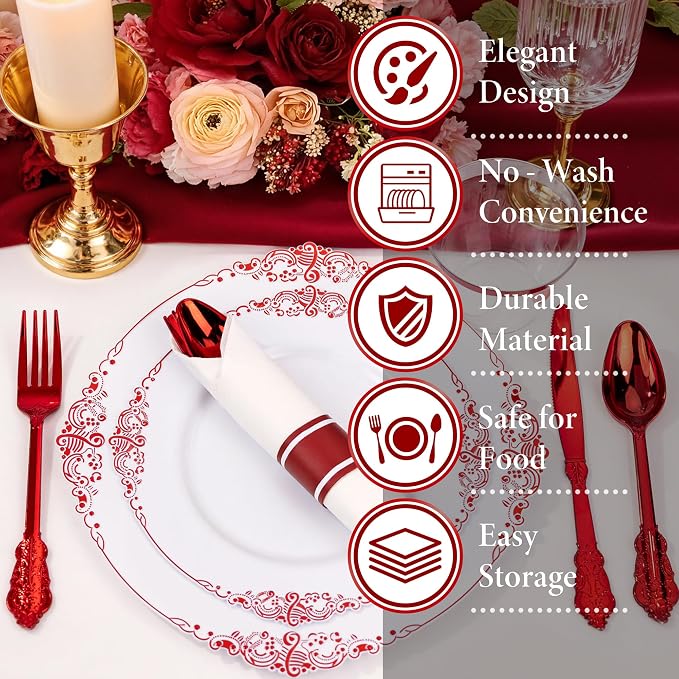 Nervure 100Pcs White Red Plastic Plates, Party Plates Set - Image 6