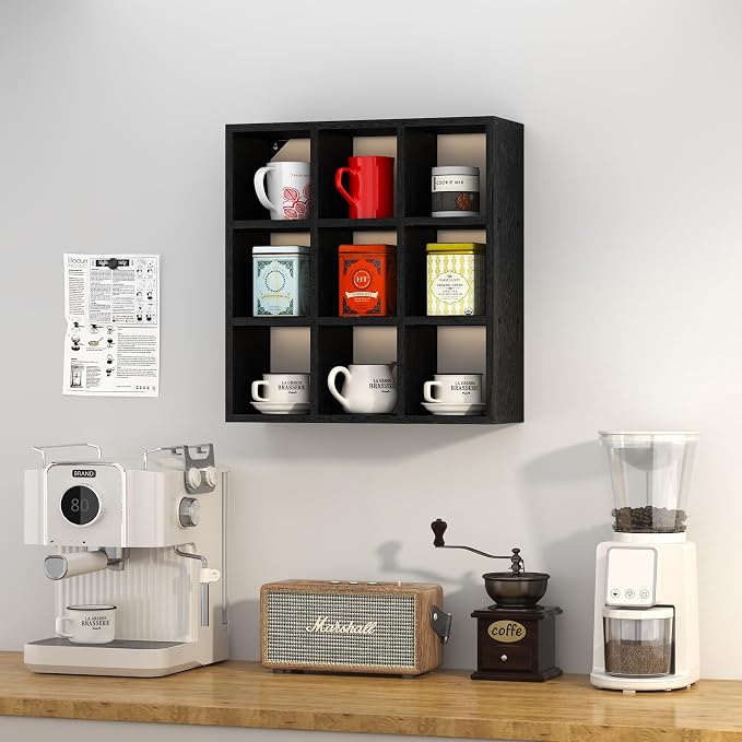 Helsin 9 Grid Vintage Coffee Mug Display Rack, 16inch Wall Mounted Wooden Curio - Image 4