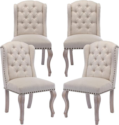 Dining Chairs Set of 4 Farmhouse Linen Fabric Upholstered Accent Chairs Tufted Wingback Host Side Chair for Kitchen/Dining Room/Living Room/Bedroom, Cream