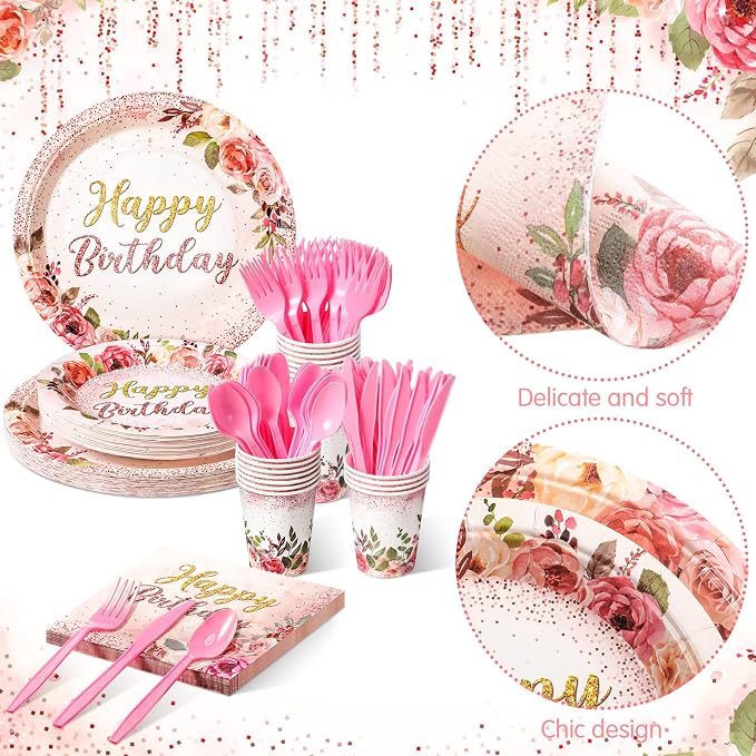 Roshtia 175 Pcs Floral Party Supplies-serve 25 Guests Happy Birthday Rose - Image 3