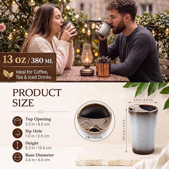 1 Pack Ceramic Coffee Mug with Sip Hole, 14.5 oz Handleless Tumbler Cup with 1 - Image 2