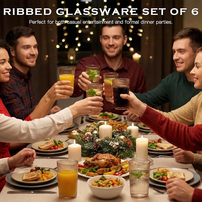Gray Ribbed Highball Glasses Set of 6, 13.2oz Smokey Gray Colored Glassware - Image 7