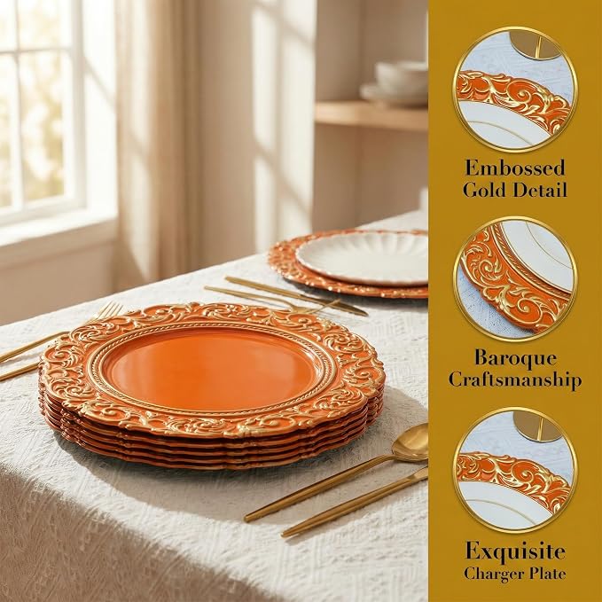 Orange Charger Plates with Gold Embossed Rim, 13 Inch Plastic Charger - Image 5