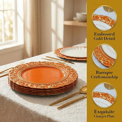 Orange Charger Plates with Gold Embossed Rim, 13 Inch Plastic Charger - Image 5