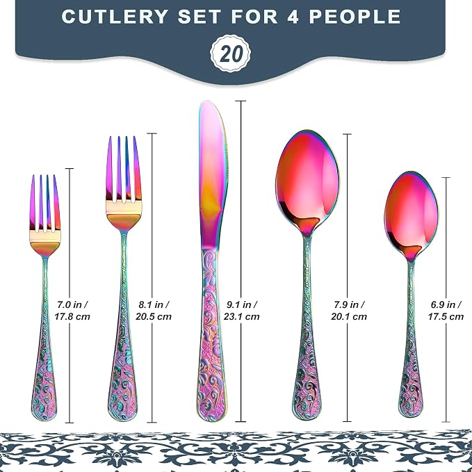 Runfly Vintage Carved Rainbow Stainless Steel 20-Piece Flatware Set | - Image 2