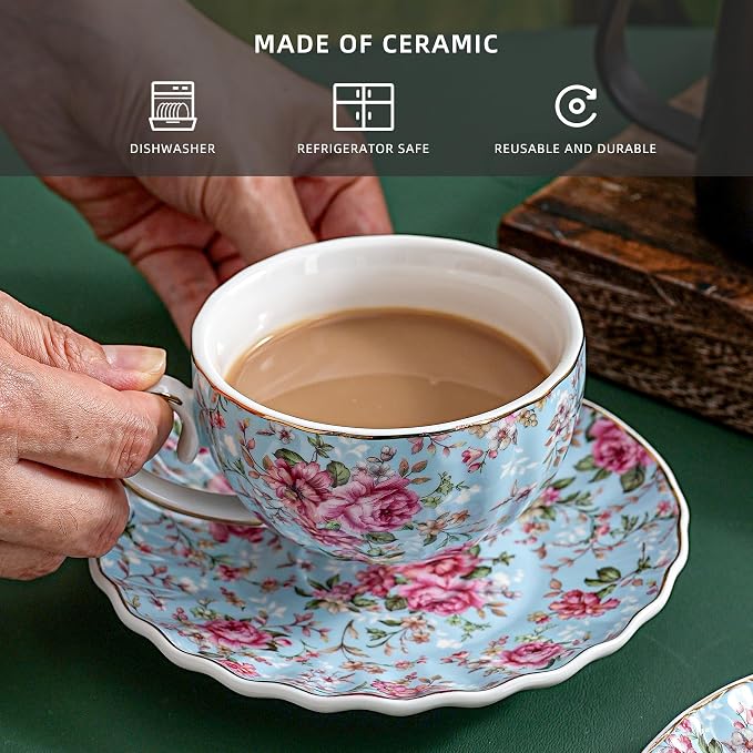 Agyiuns Tea Cup and Saucers, 6.4oz Floral Tea Cups - Image 3