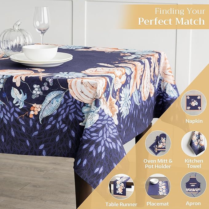 Maison d' Hermine Table Cloth Rectangle Table 100% Cotton 70 x 140 Inches Fall Tablecloth Reusable Everyday Use for Thanksgiving Christmas Decorations Dining Farmhouse Party (Pumpkin Blues)