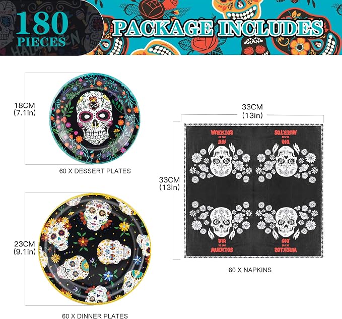 180Pcs Day of the Dead Party Supplies Paper Plates and Napkins Serve 60 | - Image 2