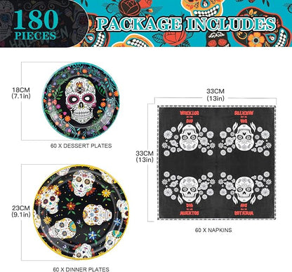 180Pcs Day of the Dead Party Supplies Paper Plates and Napkins Serve 60 | - Image 2