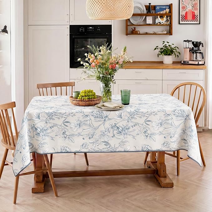jinchan Blue Floral Linen Rectangle Table Cloth 50 x 84 Inch | Extended table - Image 6