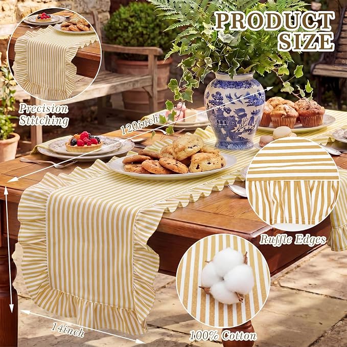 HunnmingRe Ruffle Trim Boho Table Runner Farmhouse Rustic Stripes Scalloped - Image 2