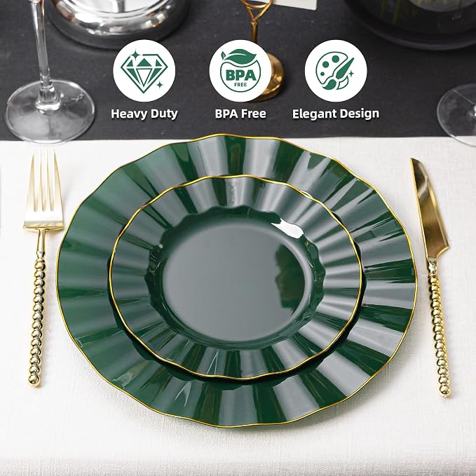120PCS Dark Green Plastic Plates, Wavy Plates - Image 2