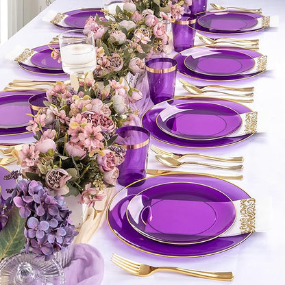 YOUBET 175PCS Purple Plastic Plates - Purple and Gold Disposable Plates Include 50 Plate, 75 Silverware, 25 Cups, 25 Napkins for Wedding & Mardi Gras Party