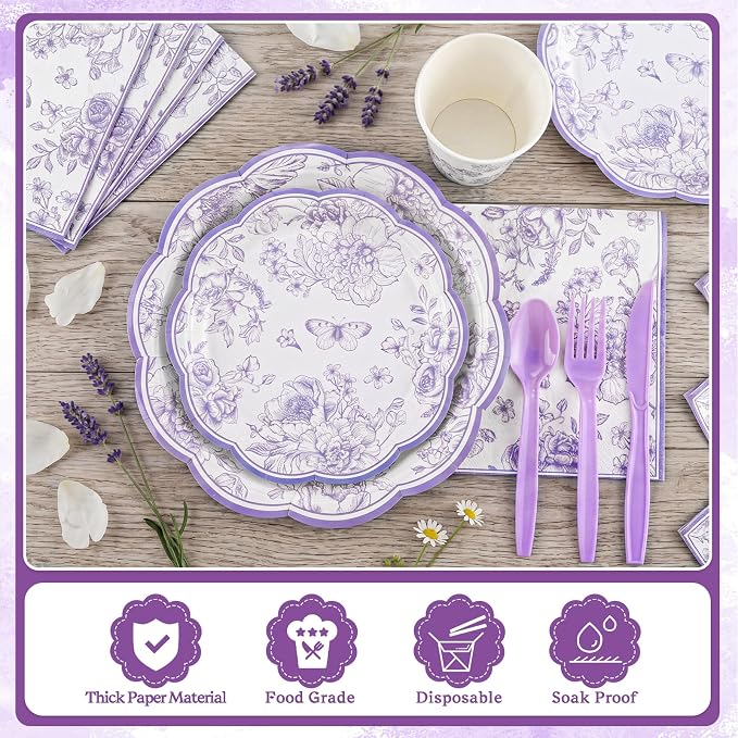 NatNarr 175 Pcs Purple Floral Party Supplies - Image 4