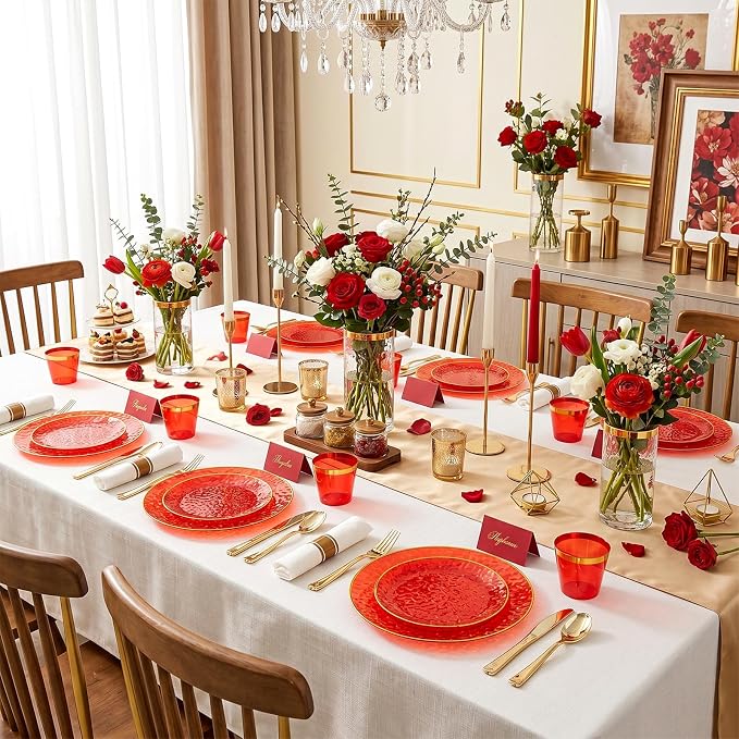 Rubtlamp 700Pcs Red Gold Plastic Dinnerware Set, Hammered Red Gold Plates - Image 4