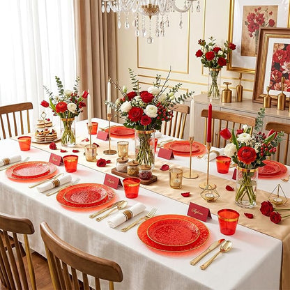 Rubtlamp 700Pcs Red Gold Plastic Dinnerware Set, Hammered Red Gold Plates - Image 4