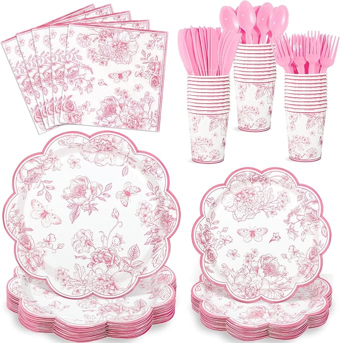 NatNarr 25 Set Pink Floral Party Supplies Include Plates Napkins Cups | by NatNarr