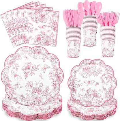 NatNarr 25 Set Pink Floral Party Supplies Include Plates Napkins Cups | by NatNarr
