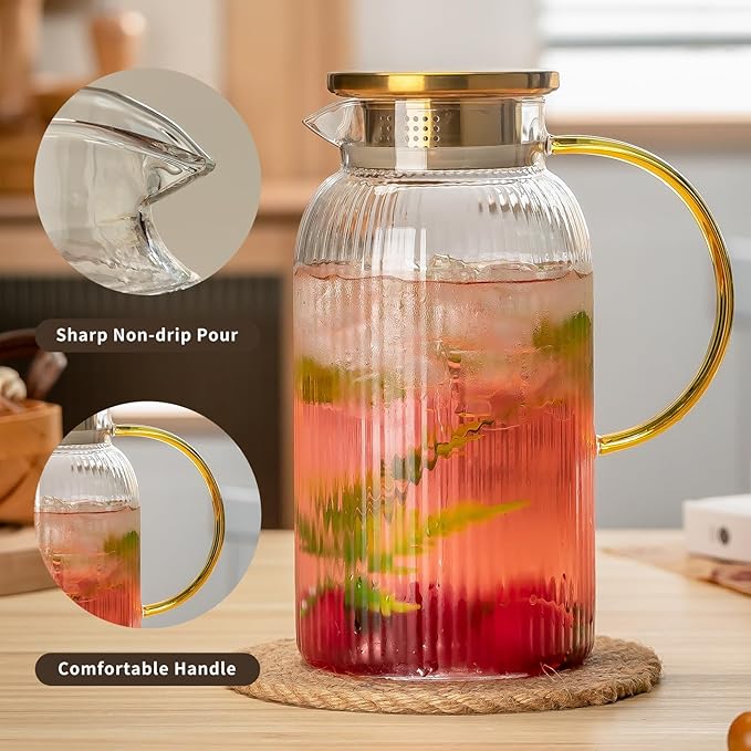 Glass Pitcher with Lid, 84oz/2.5 Liter Classic Vertical Stripes Water Pitcher,Glass Water Carafe for Cold Brew, Coffee, Lemonade, Iced Sun Tea,Beverage, Milk, Heat Resistant