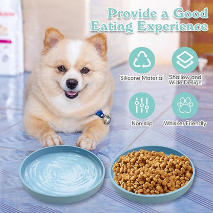 Silicone Dog Bowl Shallow Cat Food Bowls 7" Wide Puppy Plates Whisker Fatigue Pet Feeding Dishes Set of 3 for Dry and Wet Food Indoor (Blue + Pink + Green)
