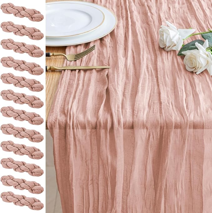 Cheesecloth Table Runner 10FT 12Pcs Dusty Pink Boho Gauze Sheer Runners | by Xiomot