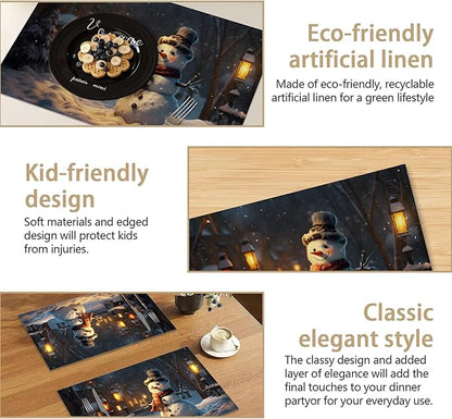 Christmas Snowman Placemats Set of 6, Linen Washable for Christmas, Thanksgiving, Party, and Daily Dining, Decorative Winter Table Mats for 4-6 Person Table