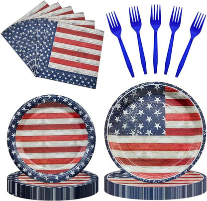 96 Pieces 4th of July Plates and Napkins Set, Vintage American Flag Disposable by GistomeHome