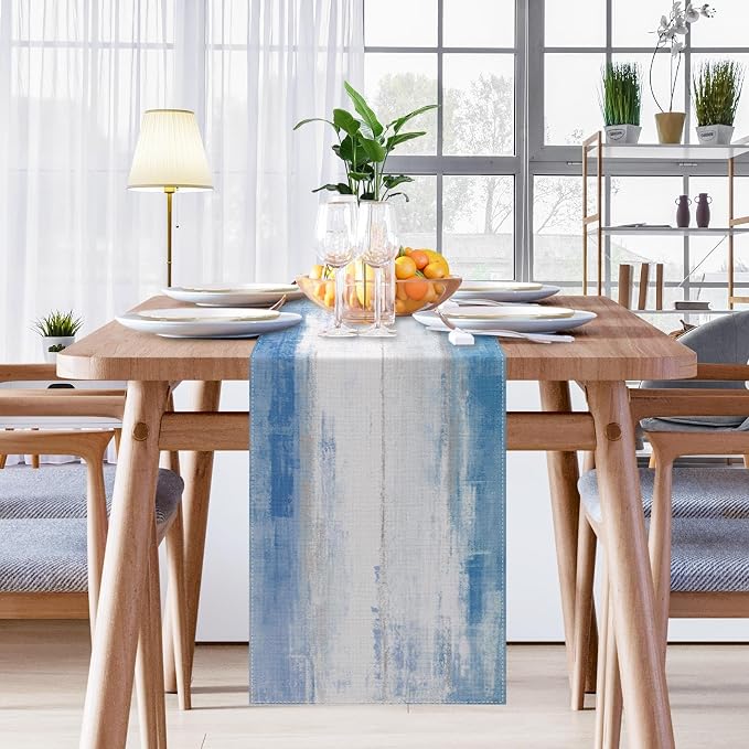 Emvency Table Runner, 13x72 Inch, Abstract Farmhouse Blue | Grey Art Dining - Image 5