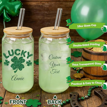 Mason Life St Patrick's Day Personalized Glass Tumbler, 18 OZ Cute Glass Cup with Lid and Straw, Lucky Clover Beer Can Glass, Personalized St.Patrick's Day Gift for Women Girls