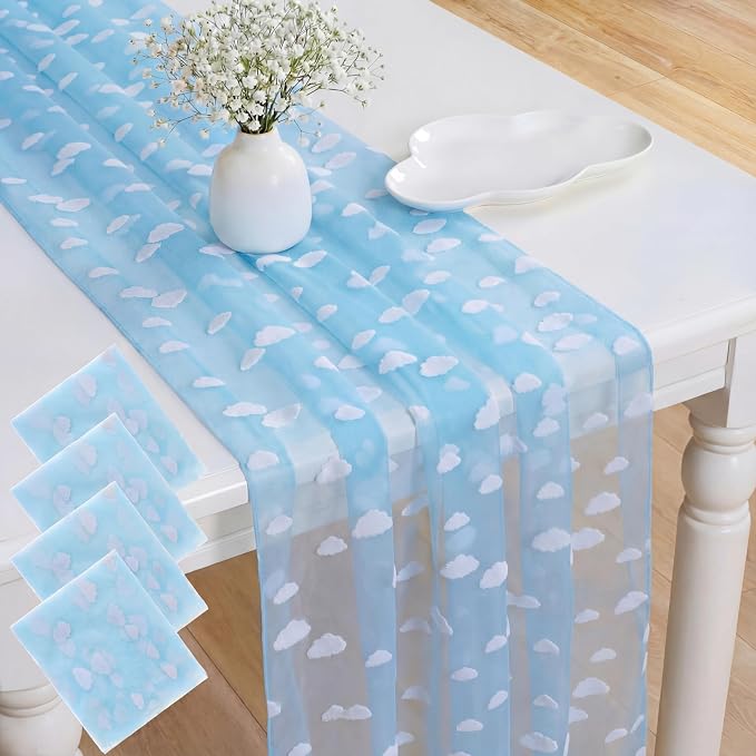 4 Pcs Blue Sky White Cloud Table Runner 29 X70 Inch Cartoon Tulle Table Runner by Windkream