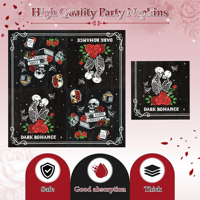 96Pcs Dark Romance Book Lover Skull Rose Black Gothic Party Plates Supplies - Image 4