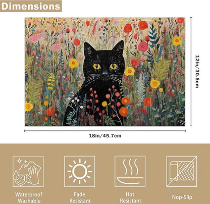 Placemats Set of 6 Cat Flowers Spring Place Mats Washable Kitchen Dining Linen Table Mats Stain Heat, for Home Party Indoor 12x18 in
