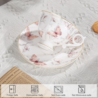 fanquare 6oz Pink Butterflies Porcelain Tea Cups and Saucers Set of 6 | Elegant - Image 2