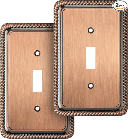 Henne Bery Rope Edge Decorative Wall Plate Switch Plate Outlet Cover (Single Toggle, 2 Pack, Antique Copper)
