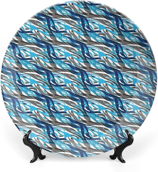 Ceramic Display Plate, Abstract Ceramic Hanging Decorative Plate, Modern Art Stripes Swirls Waves Trippy, 7 Inch, Living Room Kitchen Decoration Household, Grey Blue White