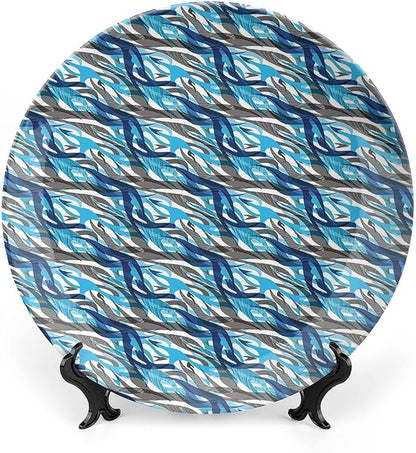 Ceramic Plates, Abstract Decorative Ceramic Plates, Modern Art Stripes Swirls Waves Trippy, 10 Inch, Household Plates Decorative, Grey Blue White