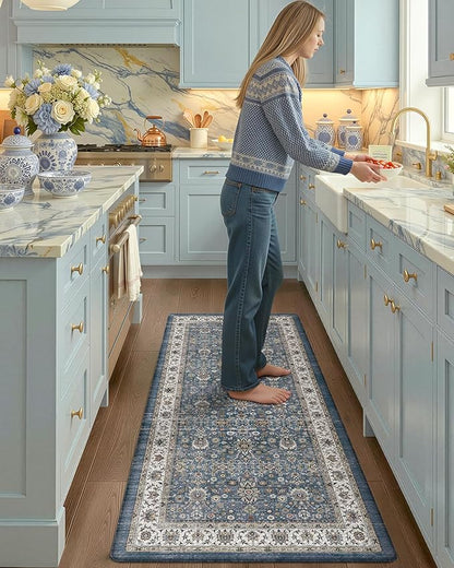 Color&Geometry Anti Fatigue Kitchen Mats for Floor 24x59, Vintage Decor, Easy Clean, Waterproof & Oil Proof, 0.4" Thick Cushioned, Non-Slip Kitchen Runner Rug for Sink, Laundry, Office, Blue