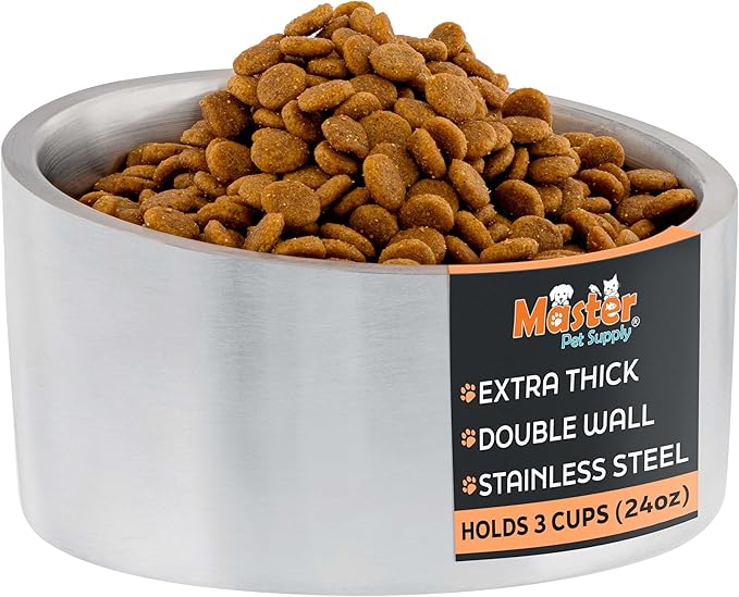 Master Pet Supply Stainless Steel Slanted Dog Cat Food Bowl - 24 oz Heavy Duty - Stainless Steel, Double Wall Insulated, Non-Slip Elevated Bowl for French Bulldogs Pugs Cats, Anti Rust Dishwasher Safe