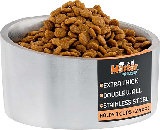 Master Pet Supply Stainless Steel Slanted Dog Cat Food Bowl - 24 oz Heavy Duty - Stainless Steel, Double Wall Insulated, Non-Slip Elevated Bowl for French Bulldogs Pugs Cats, Anti Rust Dishwasher Safe