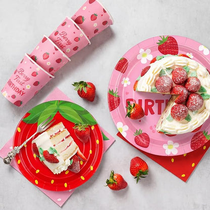 Kochorie 96 Pieces Berry First Birthday Decor Disposable Strawberry Tableware - Image 4