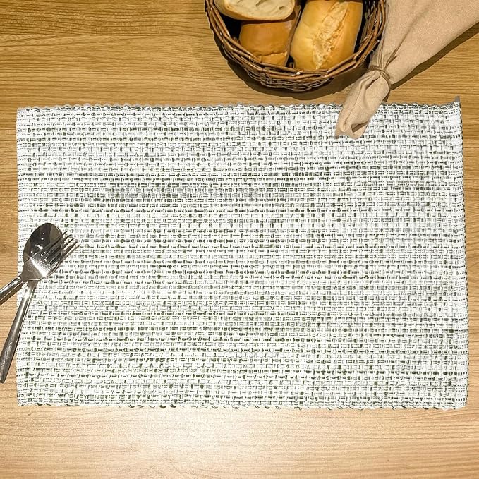 Cotton Placemats Set of 4, 13x19 Inch, Neutral Green Ivory | Washable Woven - Image 2