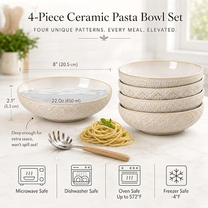 8 inch Pasta Bowls Set of 4, 22 Oz Ceramic Serving Bowls, Large Porcelain - Image 3
