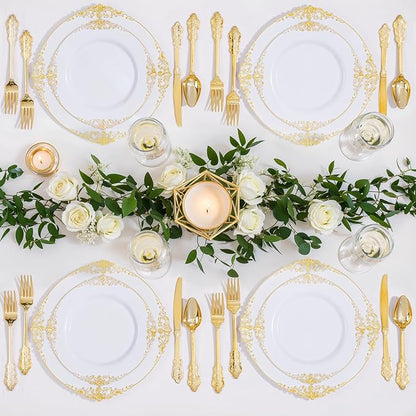 Nervure 100Pcs White and Gold Plastic Plates - 7.5inch Gold Disposable Plates - Heavyweight Plastic Dessert Plate for Wedding & Party