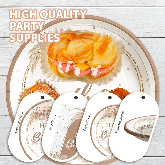 96Pcs Boho Birthday Party Decorations, Serves 24 | Boho Plates and Napkins - Image 4