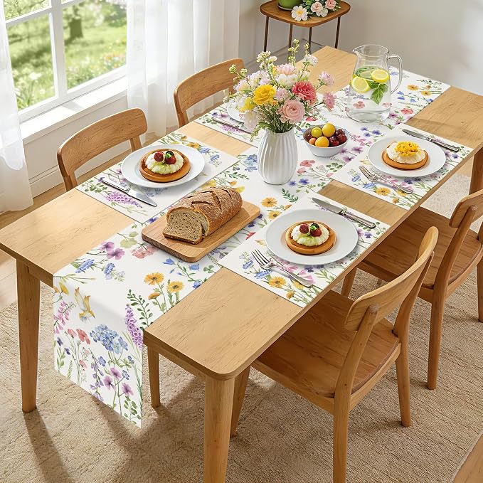 Bonhause Spring Floral Table Runner 13x90 Inch Garden Flowers Birds Leaves - Image 4